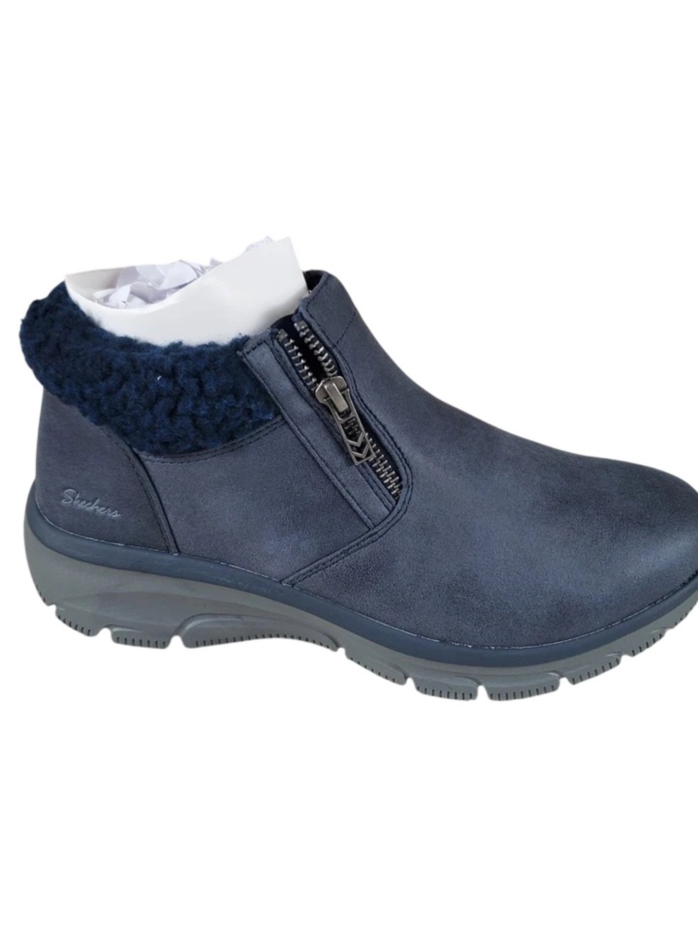 Skechers Navy Zip Faux-Shearling Ankle Boot Easy Going size 6